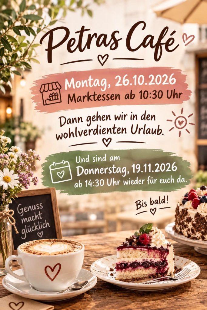 Petras Café - Marktessen am 26.10.2026 ab 10:30 Uhr und Hinweis auf Urlaub ab 27.10.2026 bis 18.11.2026. Ab 19.11.2026, 14:30 Uhr, sind wir wieder da.